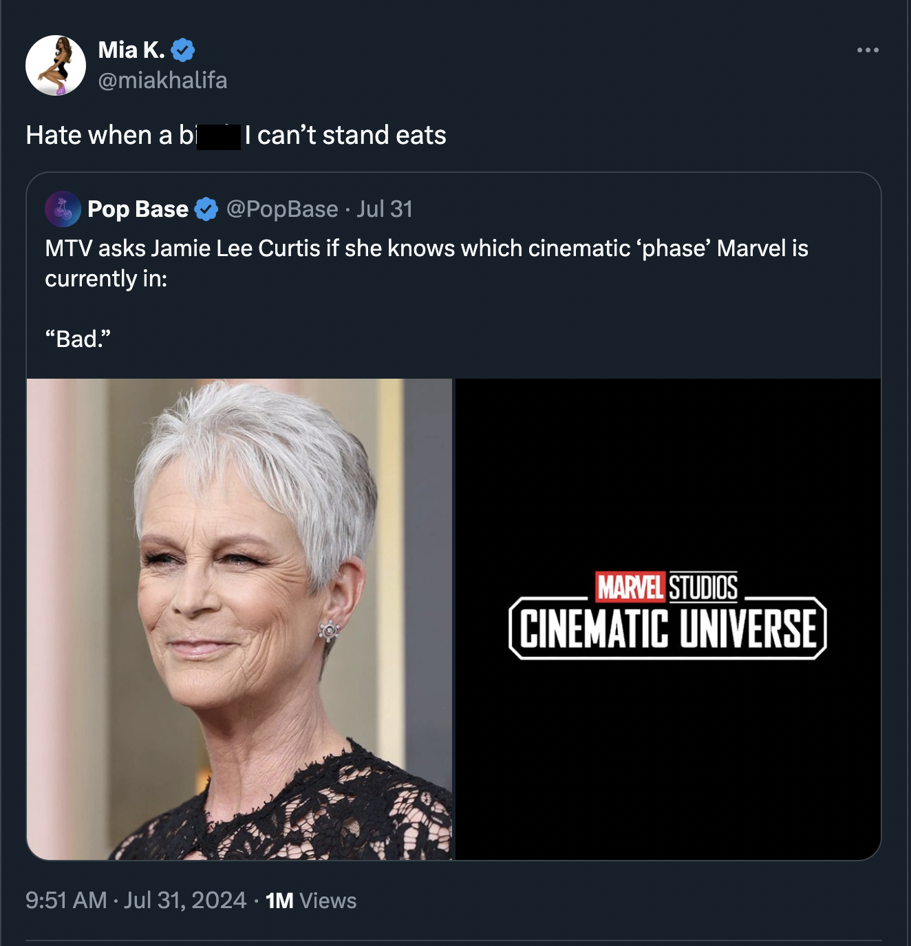 jamie lee curtis 2024 golden globes - Mia K. Hate when a bi I can't stand eats Pop Base Jul 31 Mtv asks Jamie Lee Curtis if she knows which cinematic 'phase' Marvel is currently in "Bad." 1M Views Marvel Studios Cinematic Universe